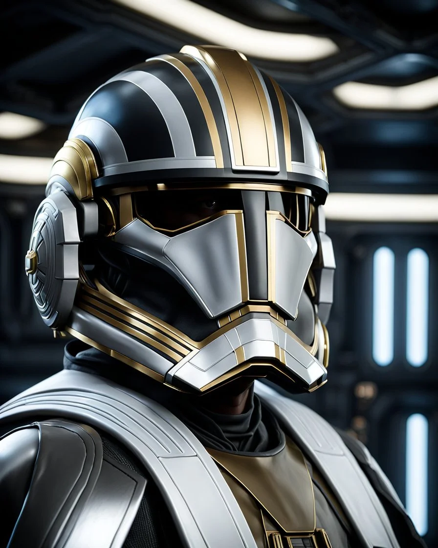 star wars bald male corellian pilot wearing pearlescent black and gunmetal grey First Order special forces armor and helmet with gold trim inside the jedi temple, centered head and shoulders portrait, hyperdetailed, dynamic lighting, hyperdetailed background, 8k resolution, volumetric lighting, light skin, fully symmetric details