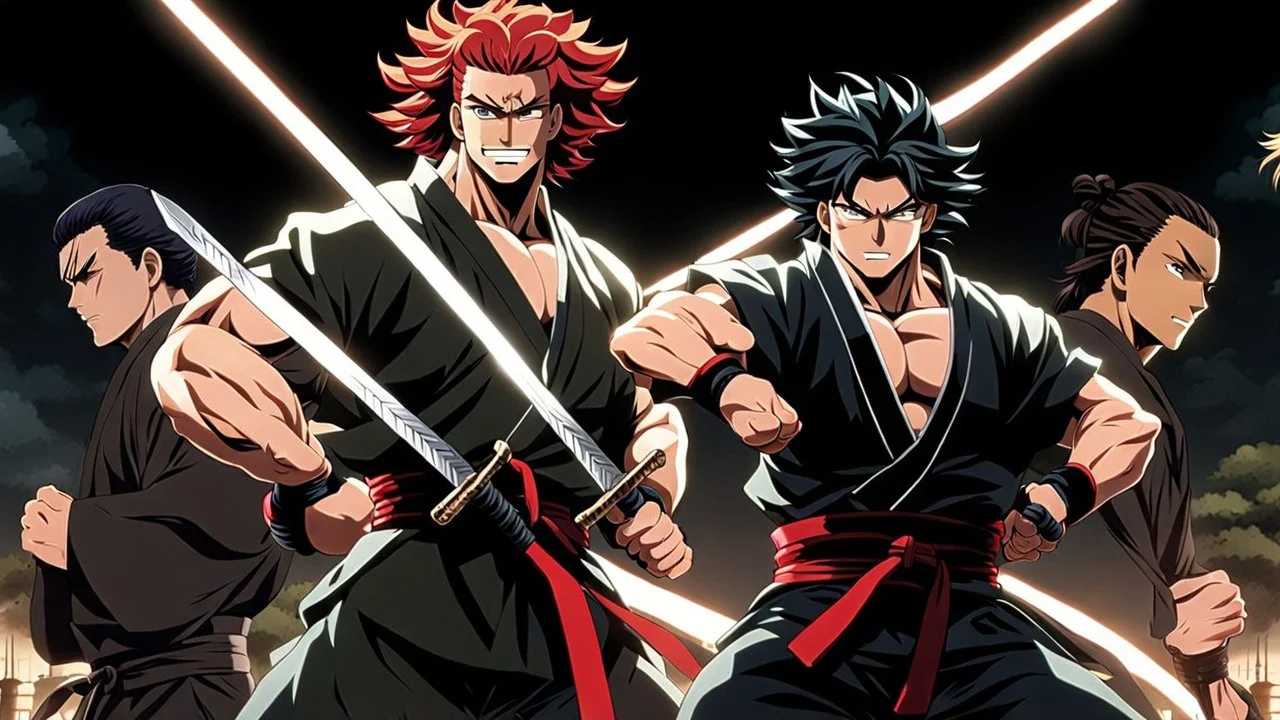 yujiro hanma vs yoriichi tsugukuni, baki vs kimetsu no yaiba, two mans standing in front of each other, a big strong man in black shirt with red hair and evil grin in martial art's stance with bare fists facing a smaller feminine swordsman with long hair and calm face reaching for his sword in traditional japanese clothes both preparing to fight each other