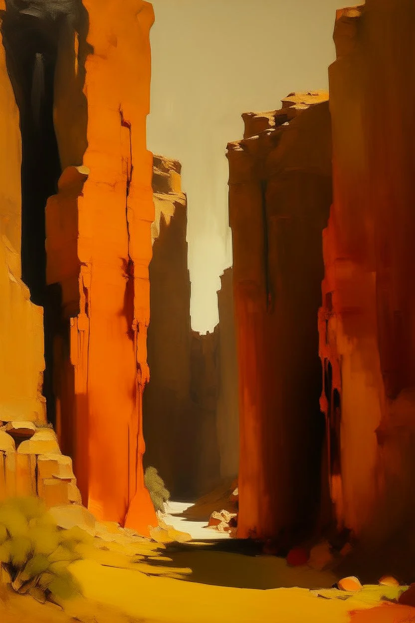 An orange colored rocky canyon with a temple ruin painted by Clyfford Still