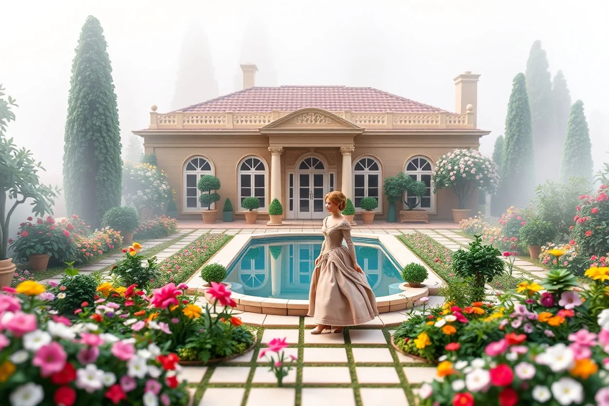 all scene is made of small colored cubes:a luxury villa yard with pool in center and pretty plants trees flowers, morning mist, lost paradise atmosphere,a pretty model lady in victorian clothing walking in villa yard in flowers .every thing and lady is made of small colored cubes as a puzzle