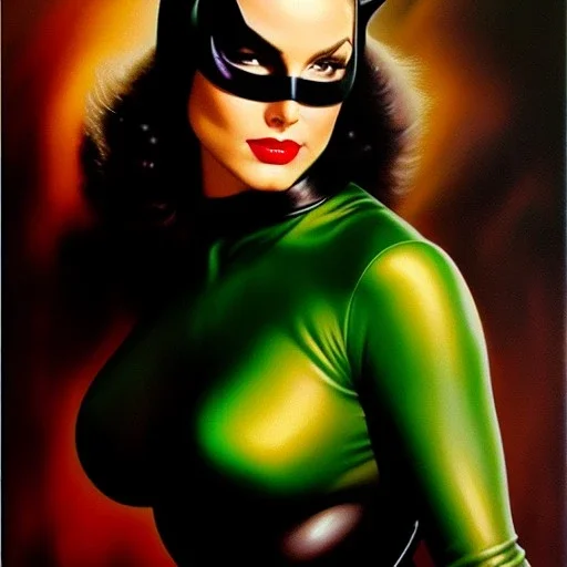 portrait oil on canvas, beautiful busty Catwoman,green eyes, ,minimal armor,comic book cover, mystical colors,insanely detailed,realistic,intrincate detail, 16k resolution, masterpiece,Frank Frazetta,Alex Horley, Simon Bisley