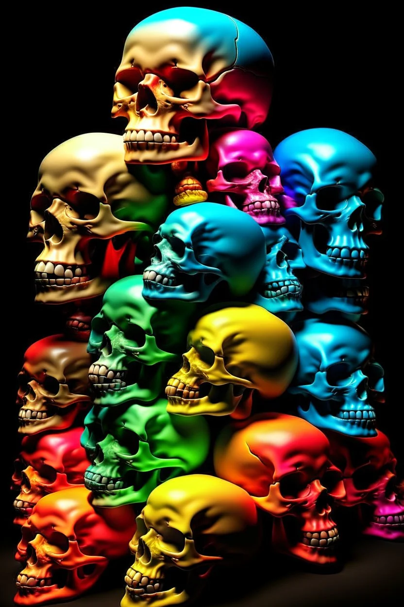 a stack of 1000 anatomically correct cartoonish skulls, vivid colors, dark comedy, well lit, high detail, photorealistic