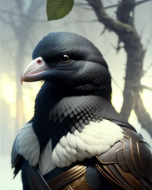 black feathered, rogue, mysterious Kenku male, bird, full-scale head and shoulders portrait, 8k resolution concept art portrait by Greg Rutkowski, Artgerm, WLOP, Alphonse Mucha dynamic lighting hyperdetailed intricately detailed Splash art trending on Artstation triadic colors Unreal Engine 5 volumetric lighting Splash art fantasy.