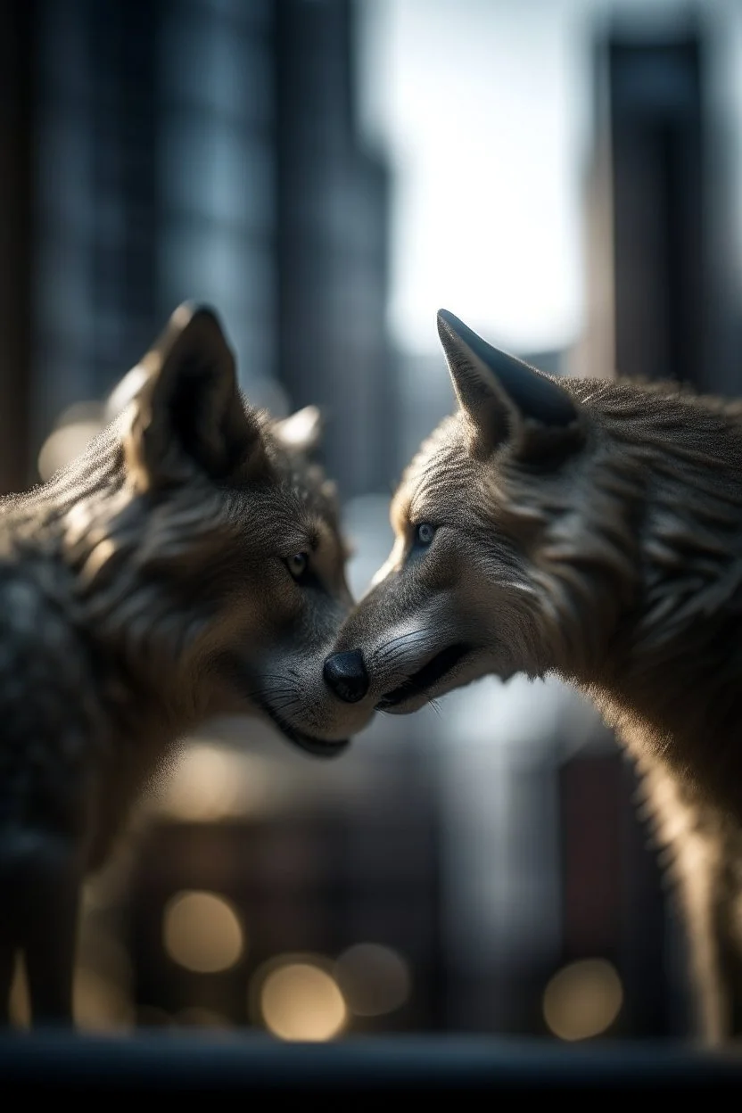 macro photo of wolves kissing over a skyscapers,shot on Hasselblad h6d-400c, zeiss prime lens, bokeh like f/0.8, tilt-shift lens 8k, high detail, smooth render, down-light, unreal engine, prize winning