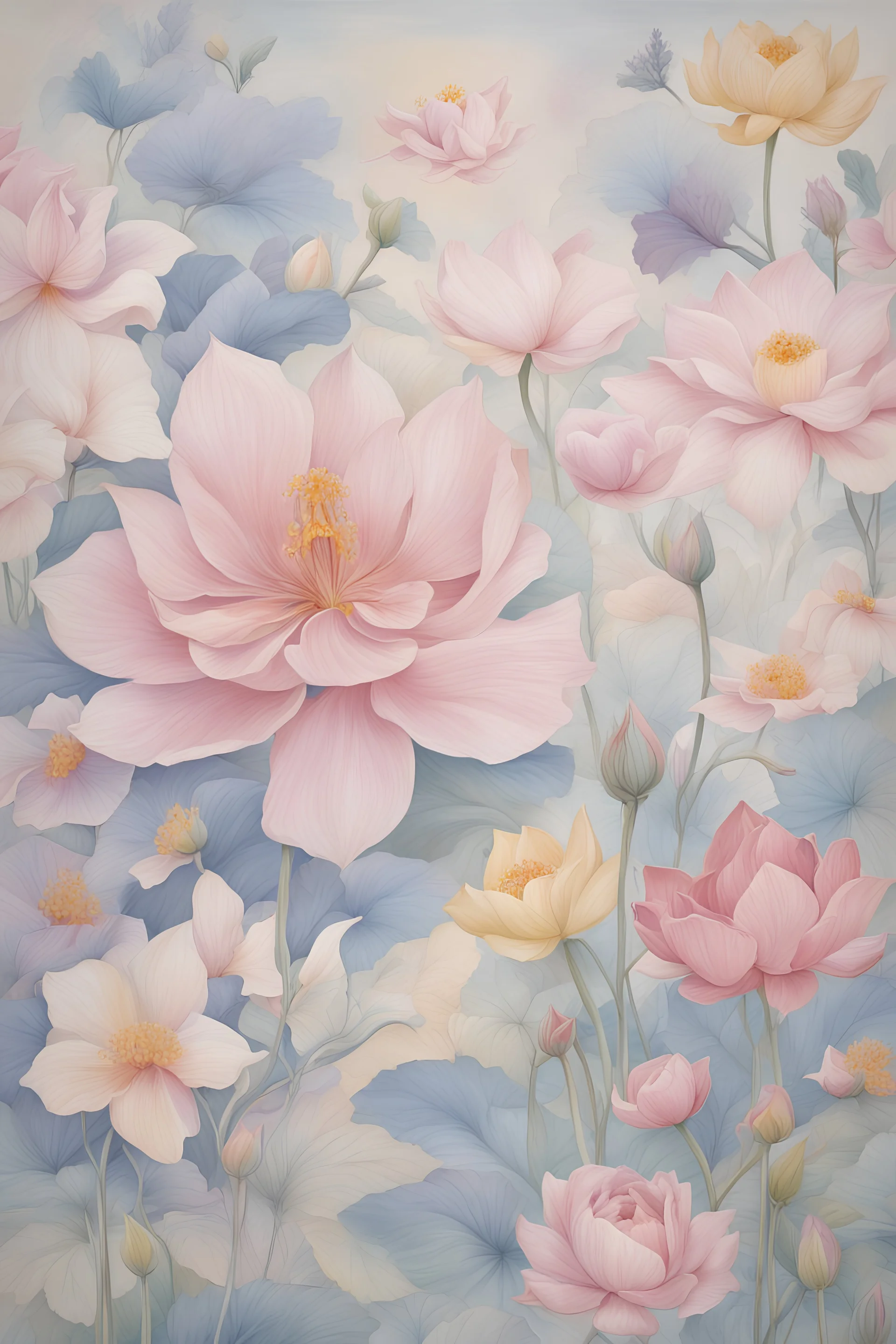 Create a handpainted mural that Intertwine iconic flowers from various cultures, such as lotus from Asia, hibiscus from the Pacific, and roses from Europe, creating a tapestry of global floral unity. Color Palette: Soft pastels – harmonious blend of light pink, lavender, baby blue, and pale yellow.