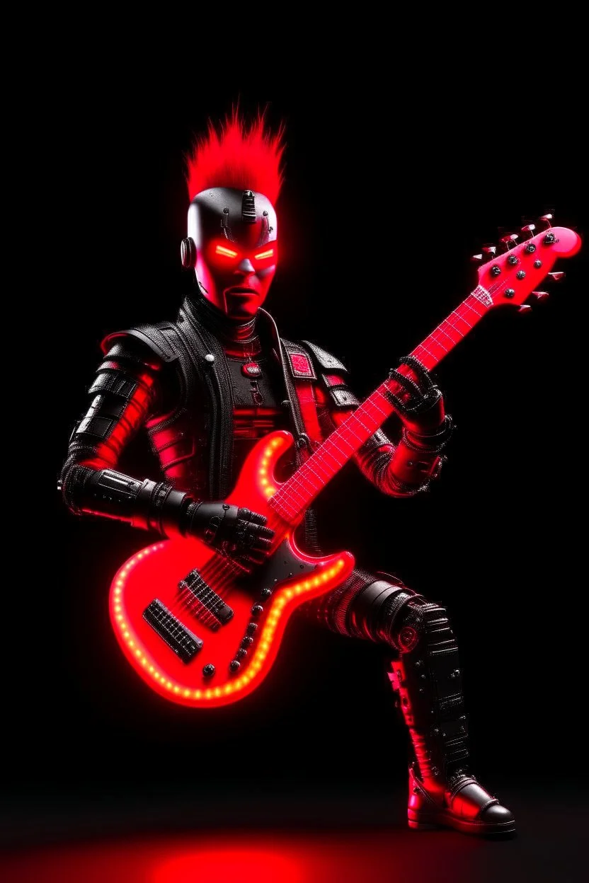 A realistic 4K robot terminator with a red punk crest playing bass, black background, flames all around him.