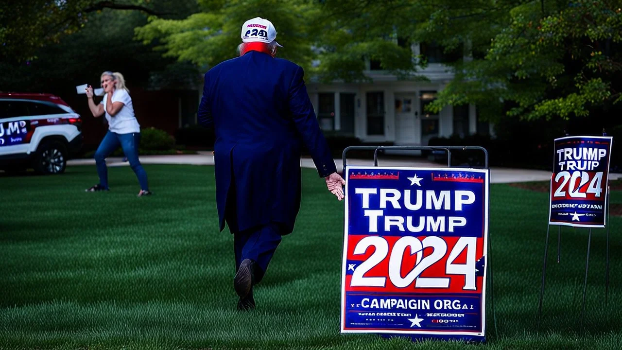 trump 2024 campaign signs all over lawn while manly woman screaming on phone