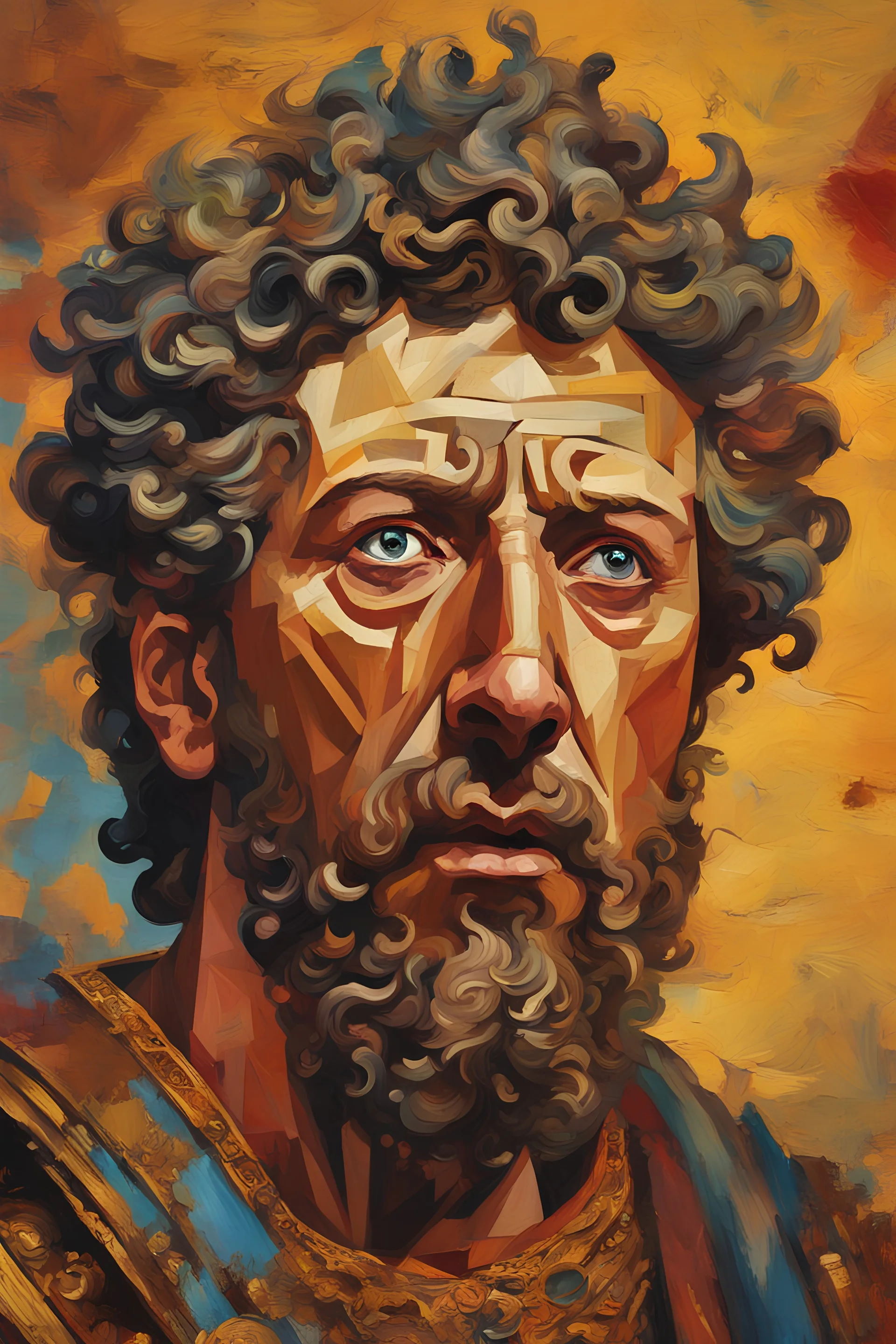 Marcus Aurelius, 4k quality, vivid, existential facial expression, art, vivid, intricate, tragedy, war, pain, painting, piece