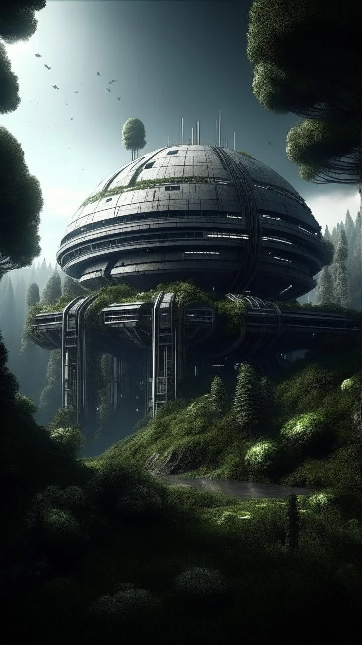 sci fi planet, brutalist space station, trees, mysterious