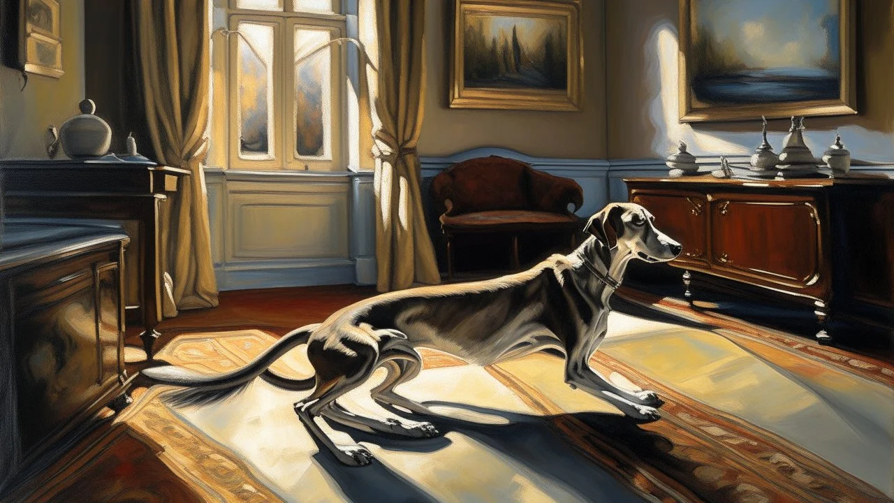 The sleek greyhound lay gracefully on the plush living room carpet, exuding a sense of calm and elegance. As the woman gazed around her modern house, she marveled at the clean and simple lines that defined the space. This exquisite oil painting captures the beauty of the moment, with the sunlight streaming in through the large windows, illuminating the dog's sleek coat and highlighting the sophisticated design of the room. Every detail is rendered with precision and skill, resulting in a stunnin