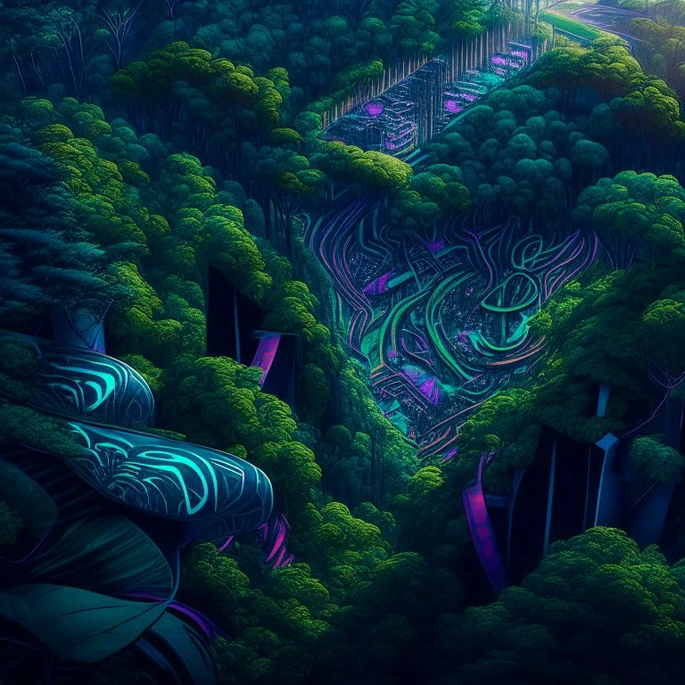 Vista aérea de mirador sobre el bosque, estilo Zaha Hadid, arte grafiti, maximalista, calidad ultra, hiperdetallada, 8k