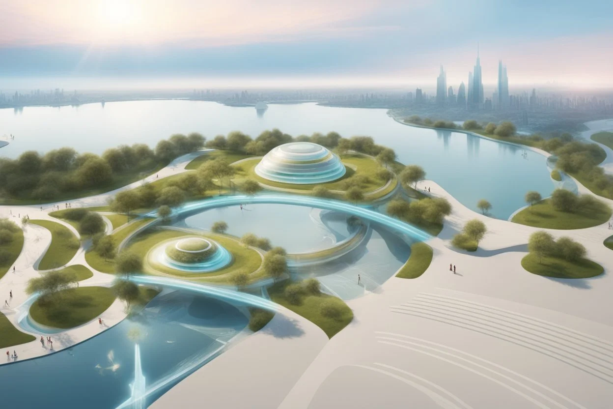 тематический парк города будущего 2050, сказка, сияние, абстракция, вид с высоты птичьего полета, прогулочный парк