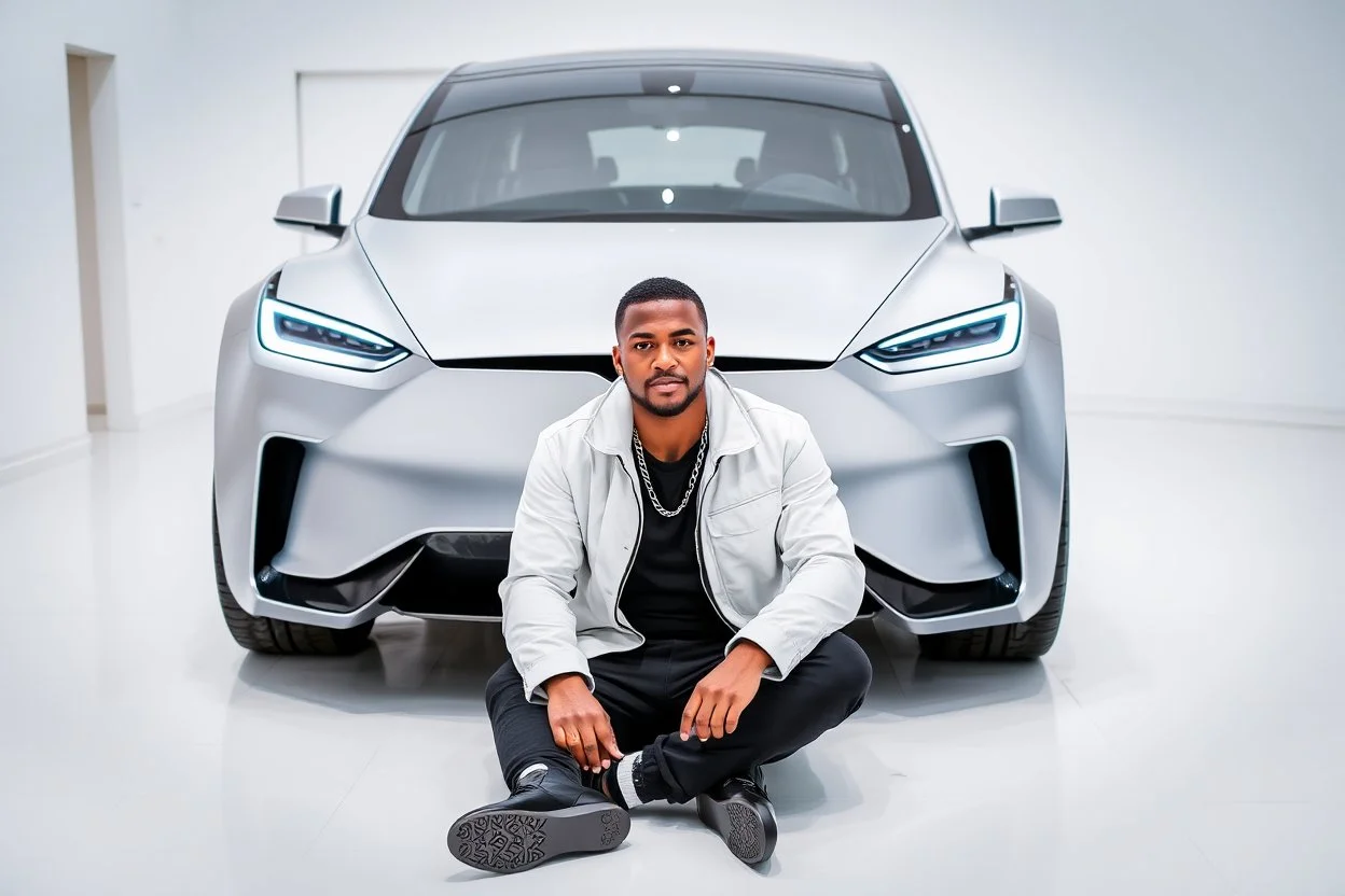 The image shows a man sitting on the floor in front of a futuristic-looking silver Tesla Cybertruck. The man is wearing a white jacket, black pants, and black shoes, accessorized with a chain necklace. The setting appears to be a sleek, minimalistic indoor showroom with white floors and walls, giving the scene a modern, high-tech atmosphere.
