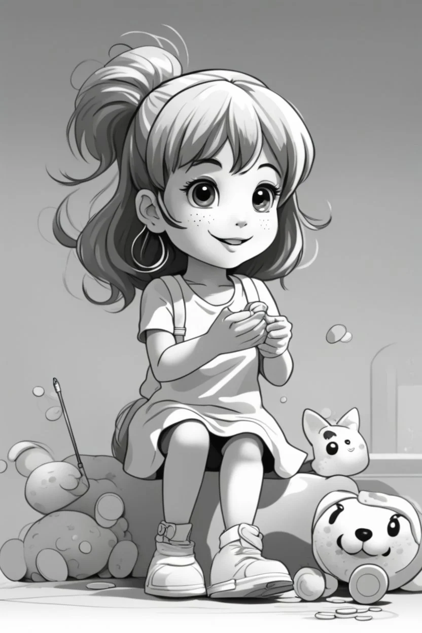 A round-faced little girl happily holding a bunch of colorful balloons. Circles can be used to depict the balloons, her eyes, and the sun in the background. very happy , Colloring page for todlliers ; basic hawali style cartoon , black and white , ink outlines , , smooth , anime style , minimalist , cute eyes , full body , white shose , sketchbook , realistic sketch , free lines , on paper , character sheet , clean line art high detailed