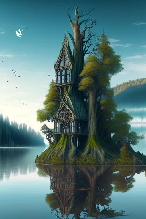 gothic building on a lake shore with fantasy trees and rocks