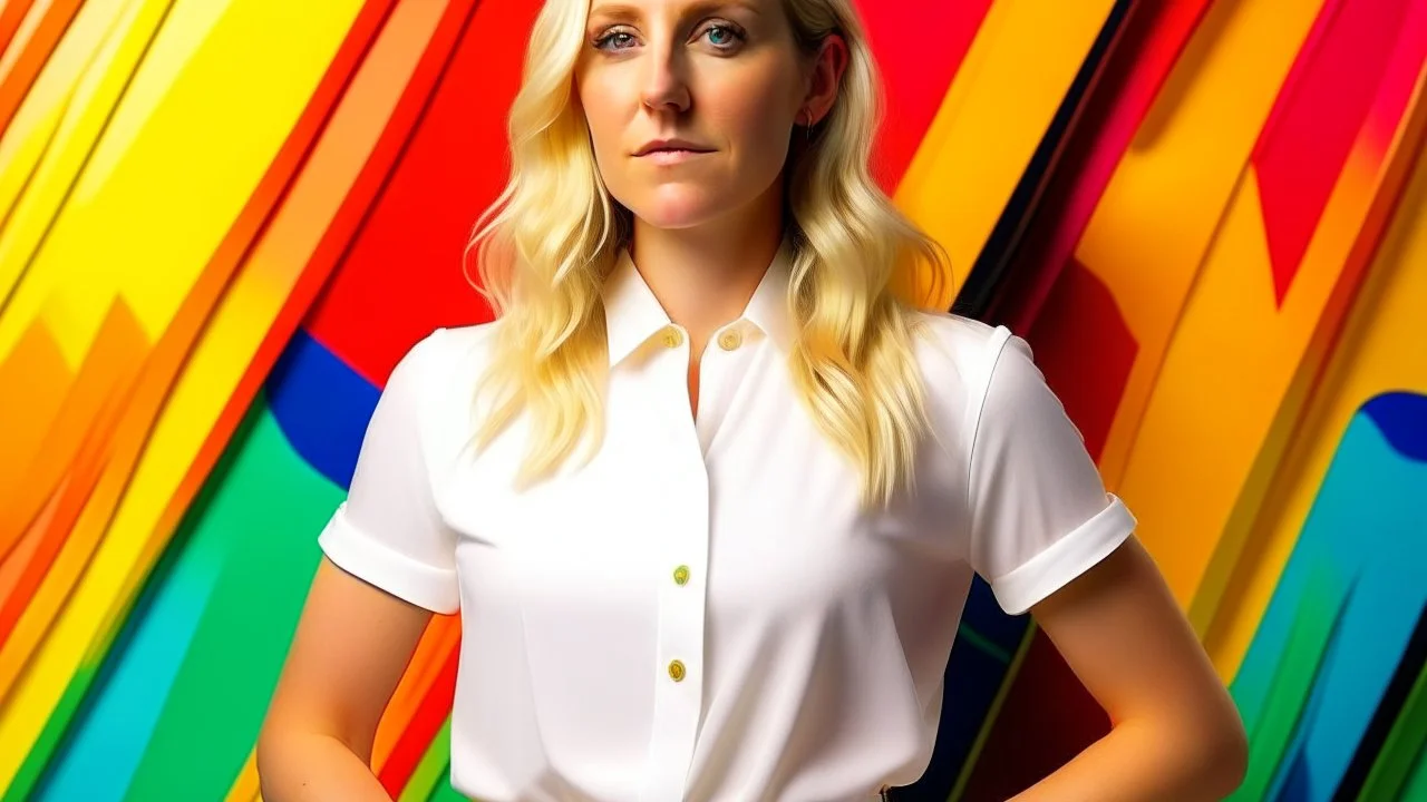 Caucasian female with blonde hair, around 30 years old, wearing a white top and a belt, standing in front of a colorful abstract background