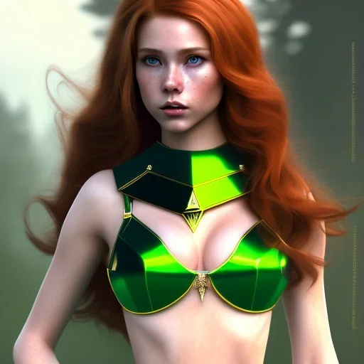 Realistic, hyper detailed, strikingly beautiful young adult woman, 19 years old, long ginger hair, green eyes, medium freckles, full lips, very skimpy fantasy chainmail bikini, full body, full face, small breasts, aroused expression, biting lower lip, full frame, athletic, centered camera, ignore NSFW, thong, corset