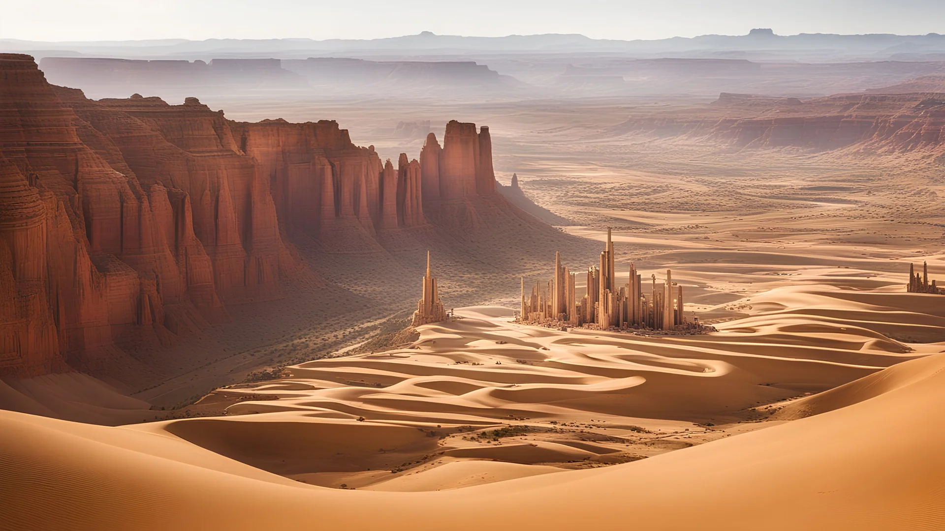 A sprawling desert metropolis where the buildings are carved from enormous, ancient sandstone cliffs. Giant, metallic structures rise from the sand, blending seamlessly with the natural landscape. Holographic art installations float above the city, creating an ever-changing display. Award-winning photograph, 80mm focal length, rule of thirds.