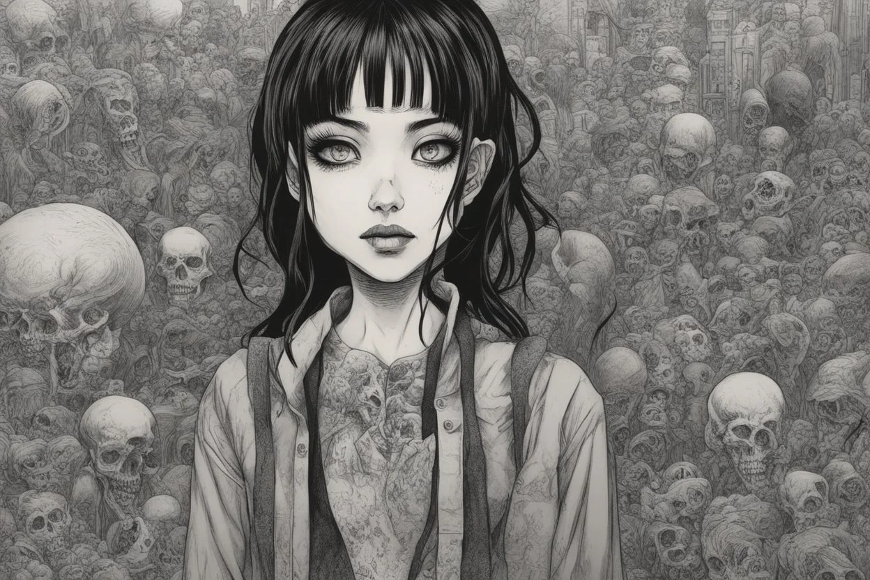 create a horror manga illustration of a dark haired, savage, gothpunk vampire girl with highly detailed , sharply defined feminine facial features, in a chaotic, turbulent, otherworldly London in the manga style of Junji Ito, precisely drawn, inked, with dramatic edges,