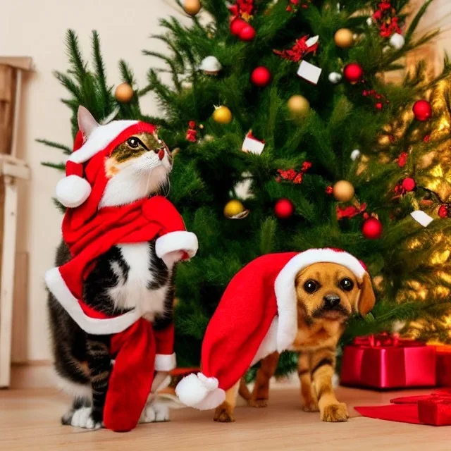 Christmas cat dancing a jig with Christmas dog in front of Christmas tree