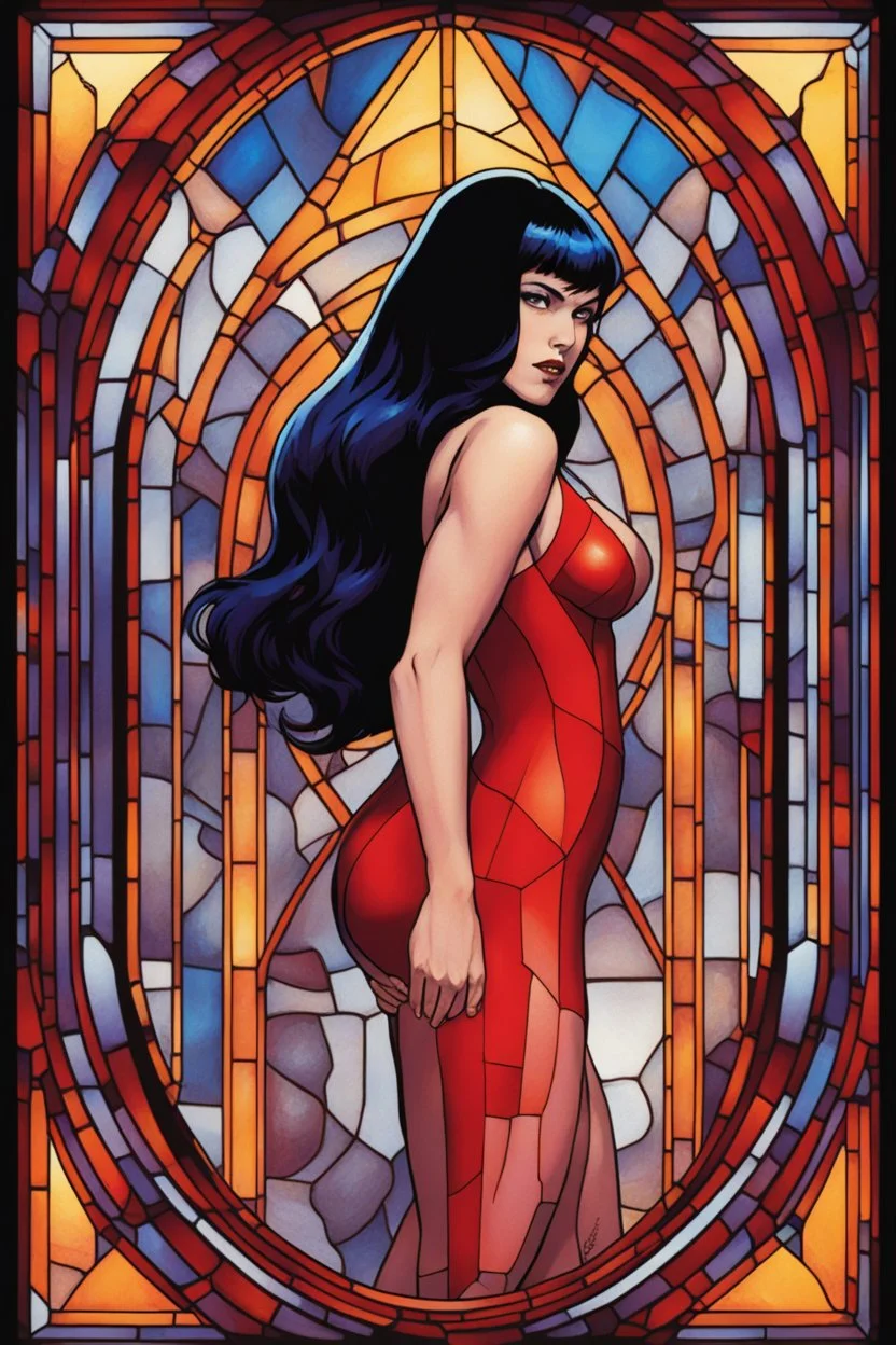 a multicolored, stained, spectral, glass fragment, Vampirella, the female vampire wearing a red bathing suit