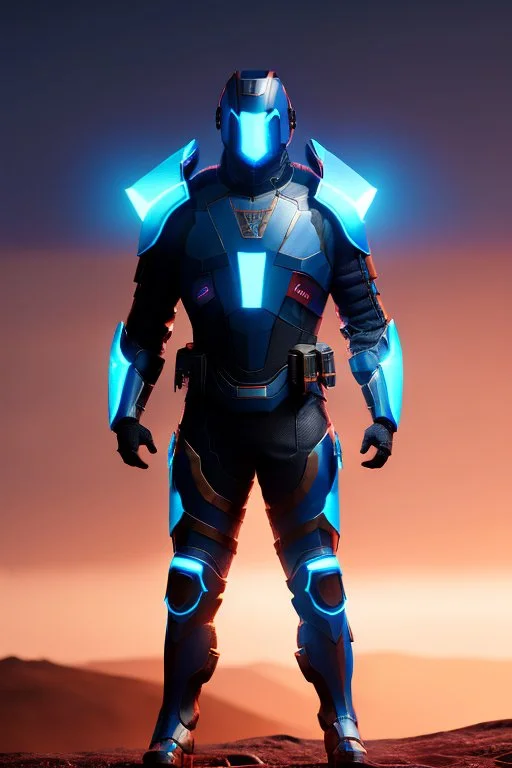 neon blue, floating triangle of light orbiting behind the back, cyber armor, geometric patterns on armor, male, orbiting triangle