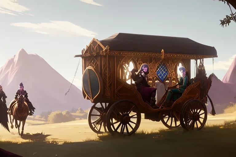 Fantasy Adventurers inside a traveling caravan, horse carriage, landscape