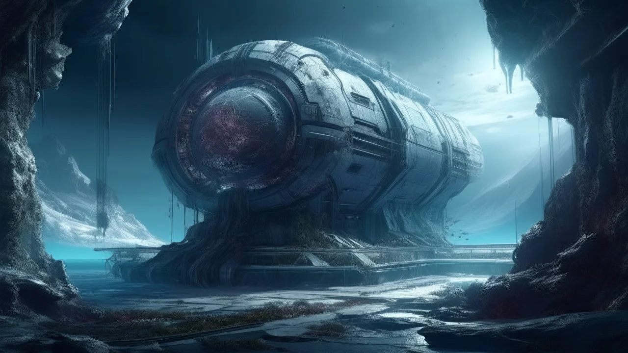 Estación espacial abandonada orbitando un planeta muerto, interiores cubiertos de hielo cósmico y grafitis de IA consciente, ilustración conceptual tipo matte painting con atmósfera fría y dramática