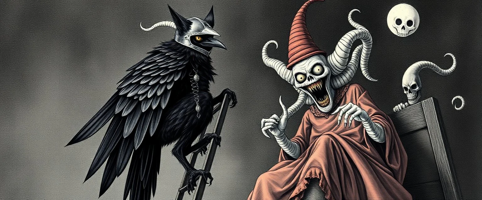 crow knight with cat o nine tails, wearing mirror hat, climbing ladder, in front of chalk art clown vampire, cthulhu bed sheets, in the style of escher and giger
