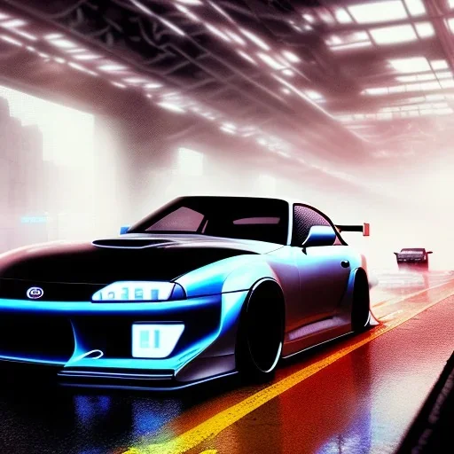 realistic fast and the furious toyota supra; in an alternate universe in tokyo; cyberpunk; realistic; rain; neon signs; 8k quality, by kyza ilustrator