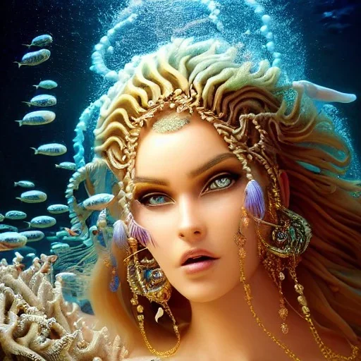 high-quality, fine-detail close-up portrait of gorgeous, stunning goddess of the ocean with turbulent waves as hair and coral reef exoskeleton, 8k resolution, 3D octane render, intricate, digital art, detailed matte, volumetric lighting, George Grie, Anne Dittman, Anne Stokes, Lisa Parker, Selina French,