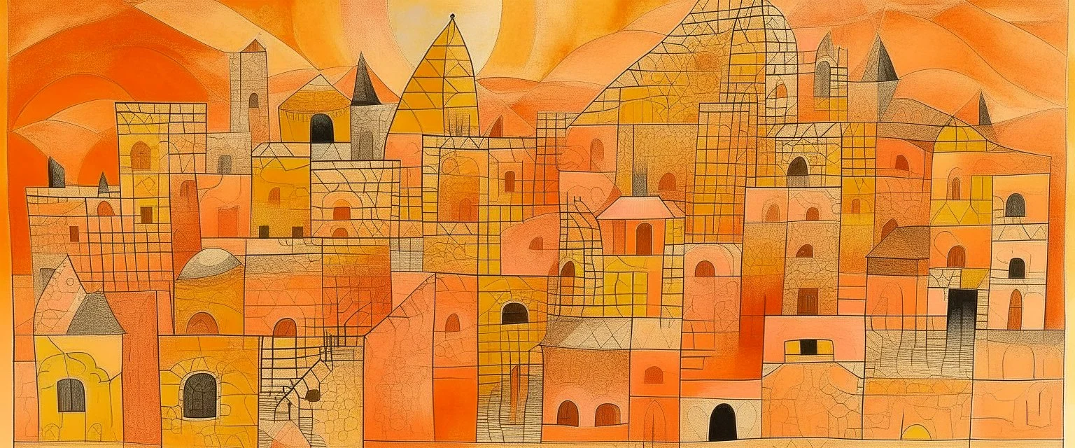 A light rosy orange colored underground village with a mining factory designed in Moroccan rug art painted by Paul Klee