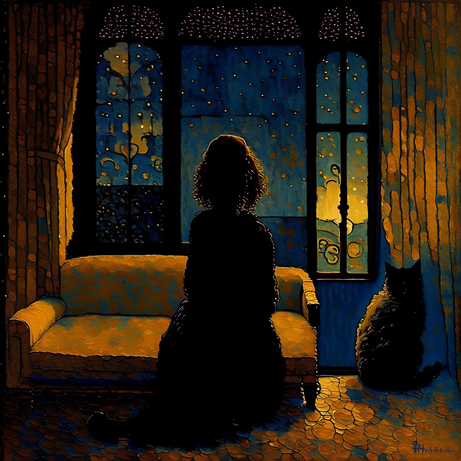 A lonely woman and a cat sitting in an empty room on a sofa at twilight looking through the widnow outside into the twilight painted in a sentimental mode by Klimt