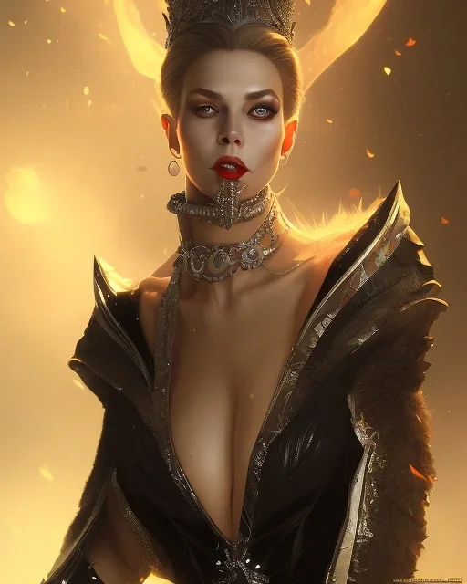 old evil queen in black leather gown, femme fatale, volouptous, busty, cleavage, angry, emperious, 8k resolution concept art portrait by Greg Rutkowski,