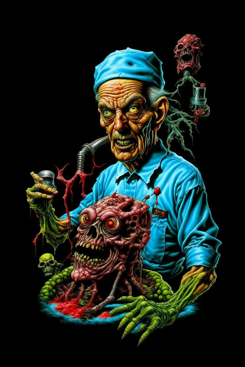 Science experiment Horror surgeon by Richard Corben, Todd Schorr, T-Shirt Design, Black Background