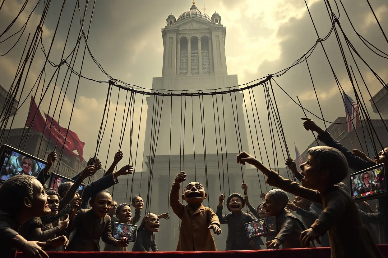 a cruelly oppressive government towers above, pulling the strings of puppets below, the news broadcasts the puppets' suffering everywhere, dystopian, dread, horror