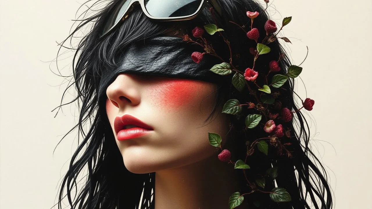 Thomas Ligotti, Mannequin World, In Space They Can't Hear You Scream, Dave McKean, Inspired by Zdzislaw Beksinski's Nightmarish Paintings, Wassily Kandinsky, Double Exposure, Gnostic Tragedy, Sinister, Woman, Messy Black Hair, Made of Shiny Texture, Sunglasses on Head, Red Blush, Blindfolded, Half Smirk, Vine Design, Raspberry, Surreal, Futuristic, Black Open Background, Peach Skin, Leafy Textures, Shiny Plastic, Organic Aesthetics, Rose Red Tint, Green Leaves, Alien Design, Mutant Structure, Re