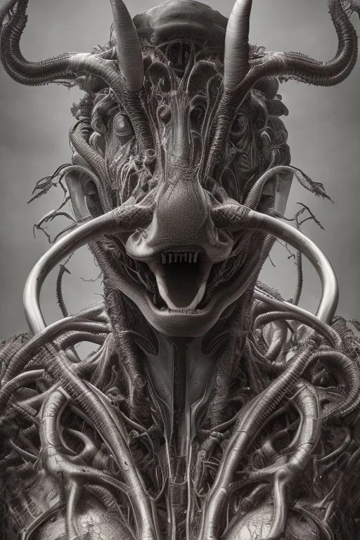 portrait of a cow in (H.R giger) style with lots of alien tenticles being held at gun point in a grungy toilet from new york subway