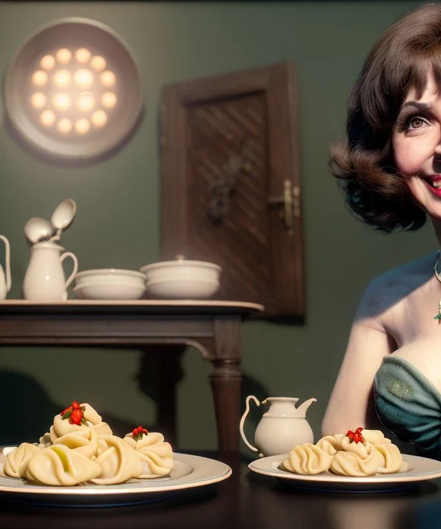 Ultra realistic photographic portrait, happy young Gina Lollobrigida woman sitting with arms resting on Italian kitchen table, pretty tortellini dish, classic style decoration, cold, soft color, highly detailed, unreal engine 5, ray tracing, RTX, lumen lighting, ultra detail, volumetric lighting, high definition.