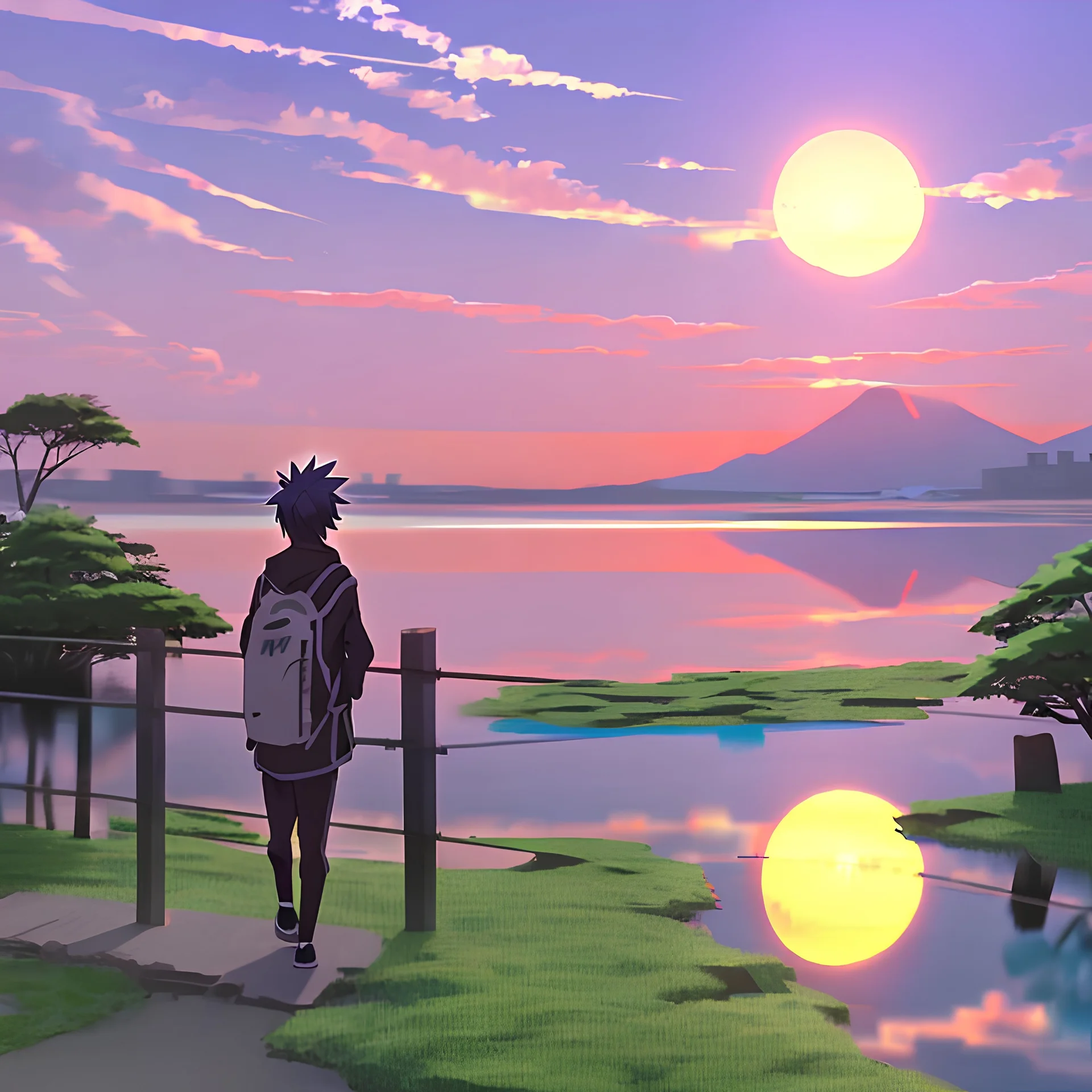 In the anime, a young male character is near the green lake in the sunset afternoon.