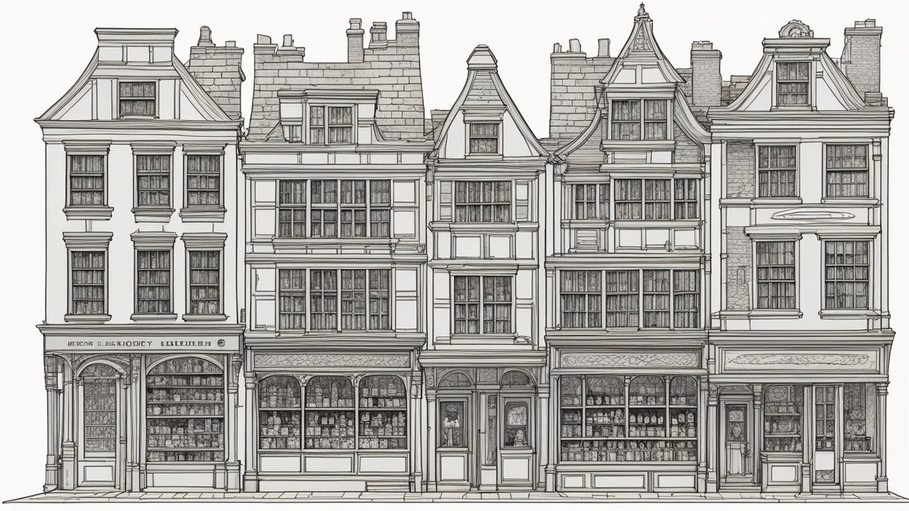 A highly detailed front elevation line drawing of a row of tall, narrow fantasy 2-, 3- and 4-storey houses with shops and a tavern. like Diagon Alley