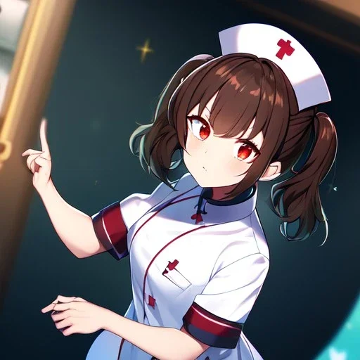 Clear focus, High resolution, Rough line, cute, anime style, big eyes, red eyes, sparkling eyes, brown hair, red eyes, thick eyelashes, wearing a nurse outfit, twin tails