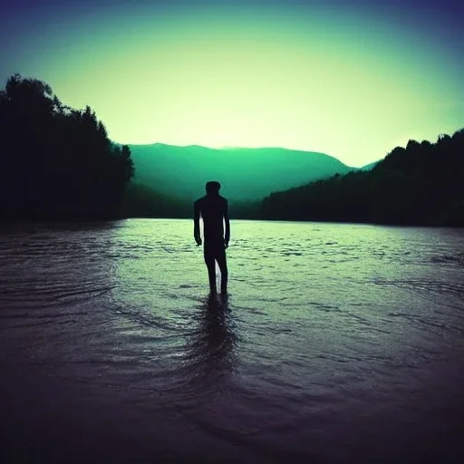 dark man shadow float in sky. scared people. river. river rock . valley . night