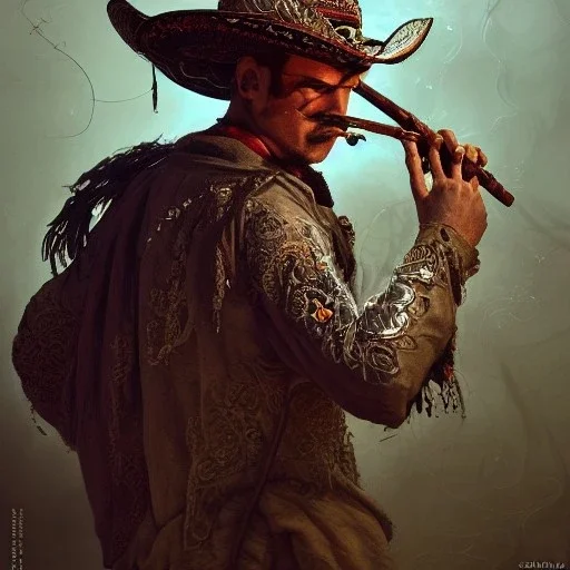 Insanely detailed photograph of an “portrait of a midevil cowboy ” with intricate Sombrero, intricate embroidered charo, beautiful clear face and hyperdetailed painting by Ismail Inceoglu Huang Guangjian and Dan Witz CGSociety ZBrush Central fantasy art album cover art,8K, hdr, romantic, mysterious, ominous, cigar smoke, jewelry, comfort, natural eyes,naked,tasteful