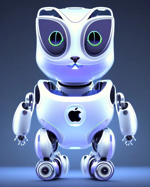 A robotic cat with an Apple logo called “iBots”, suggesting it’s made from an Apple product’s casing. Its glossy white and silver limbs are mechanically jointed, reflecting a scarabet’s anatomy. The design is a creative fusion of technology and organic form, compactly labeled “ibots.” Hyper detailled, hyper realistic, 4K, sharp render Extreme closeups of Wolof people. Their eyes glow with gemstone colors and reflect Cobalt Infinity, –v6