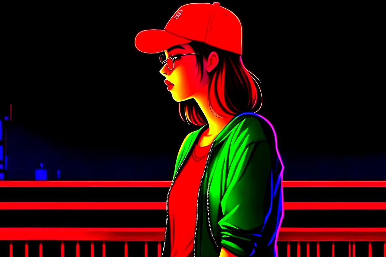 woman with a red baseball hat. leaning on a wooden balcony. night time. fantasy. anime.