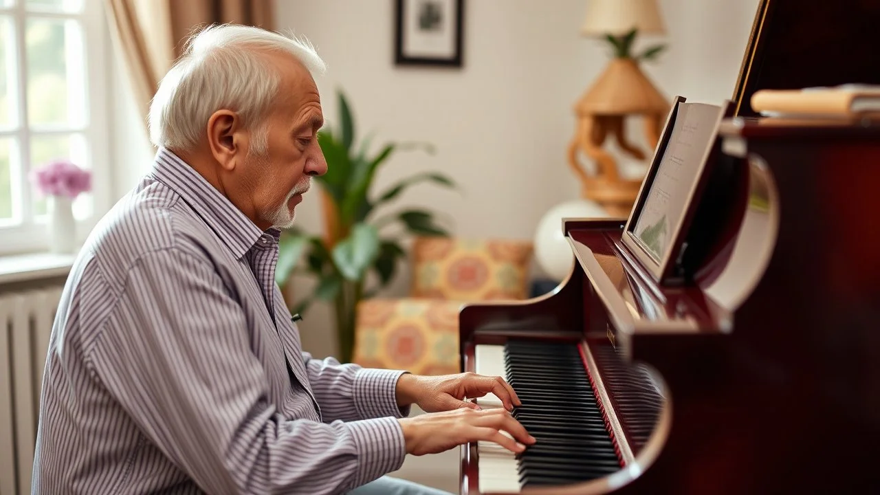 Two Elderly pensioners playing duet together on a piano. Photographic quality and detail, award-winning image, beautiful composition.