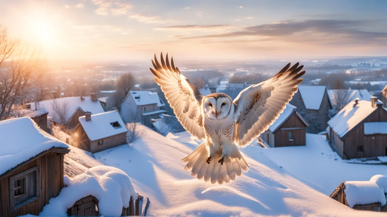 angel's view shows the camera barn owl's back flying over a winter small village, snowy landscape, little light, sunrise, some small Hungarian old country houses from above, perspective, high detailed, sharp focuses, photorealistic, cinematic