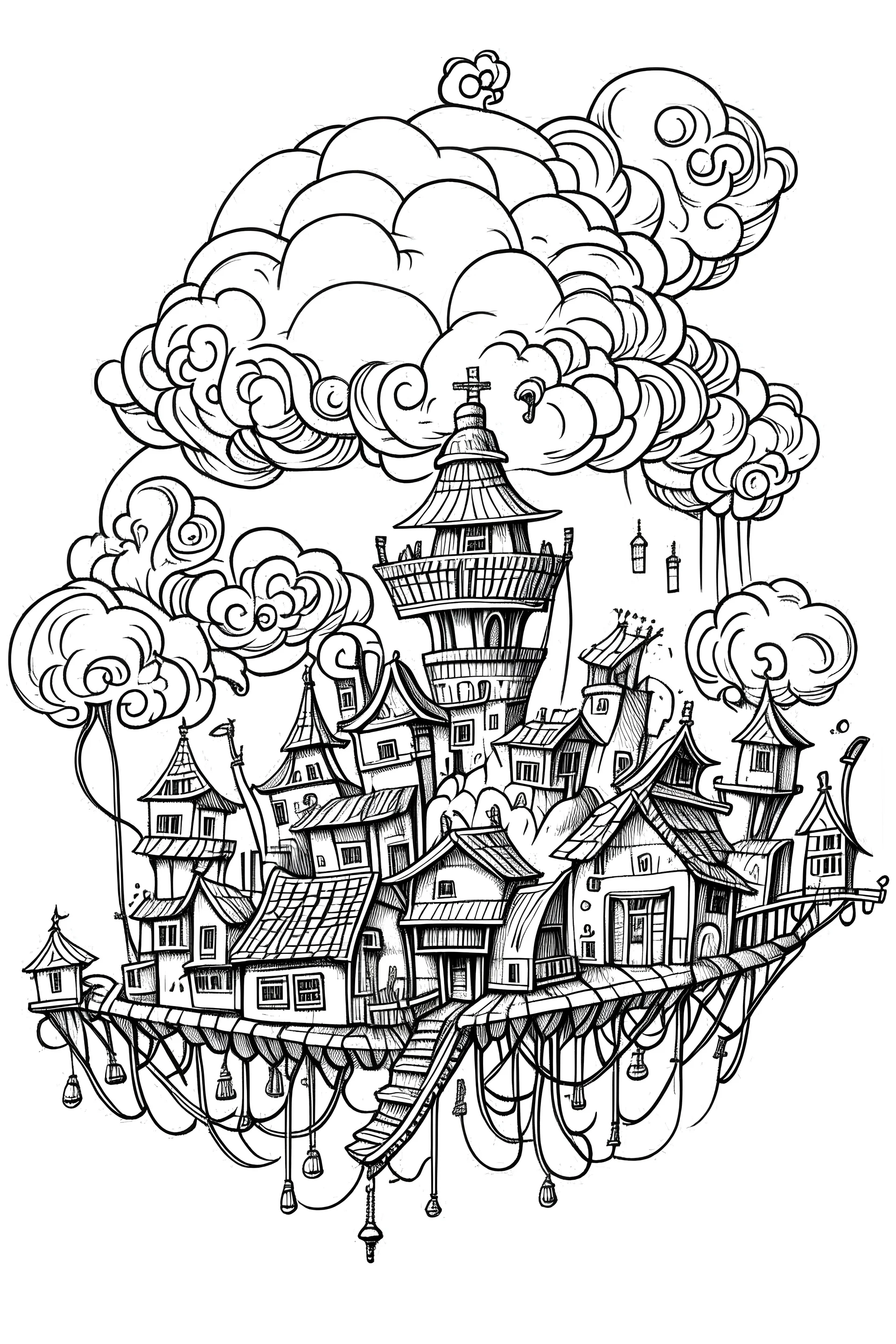 Ink illustration of a small steam punk village in the sky, minimalistic, fine lines, black and white