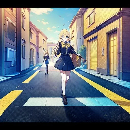 anime girl walking down a yellow brick road, road signs, arrows, direction, anime girl walking,girl hanging onto a bow and arrow